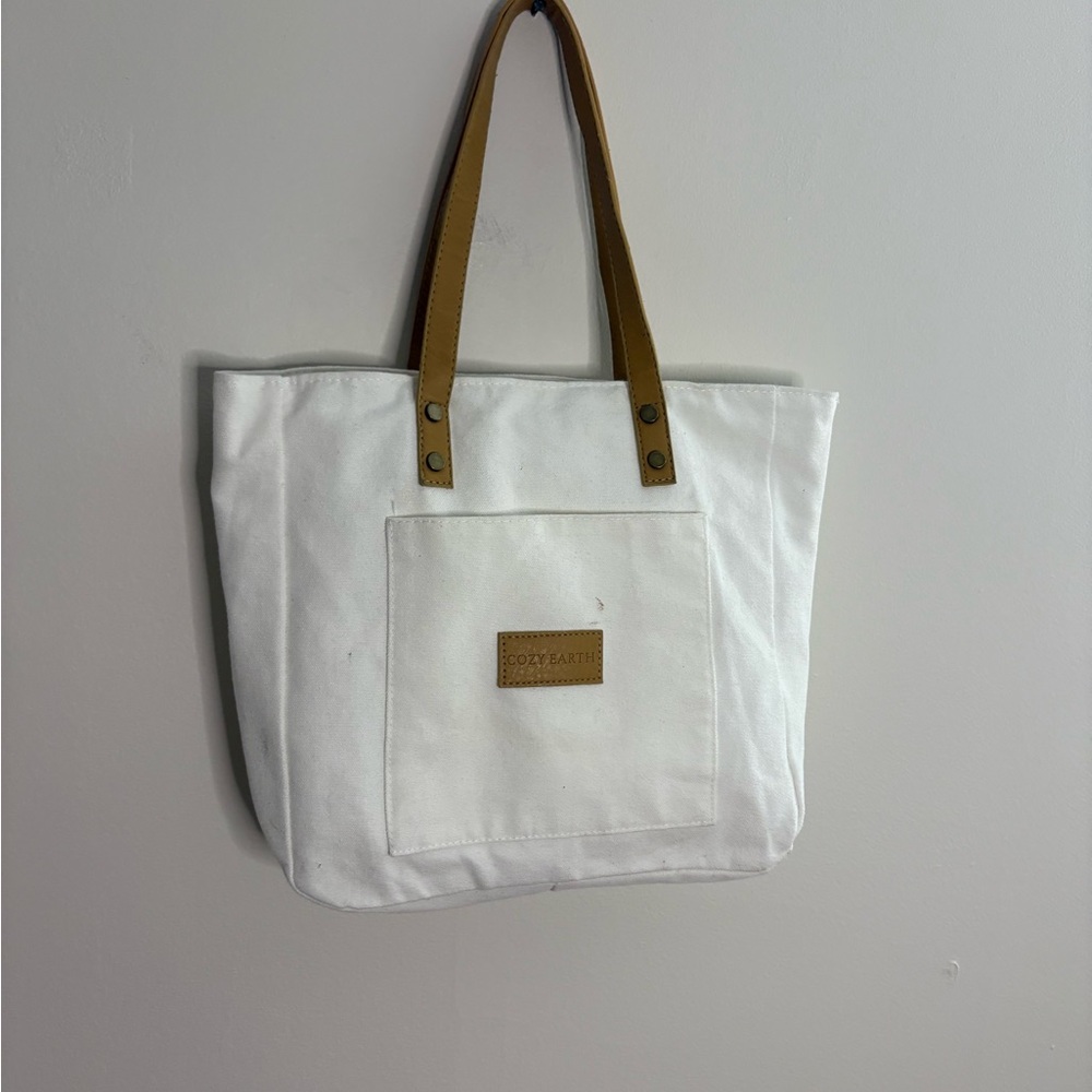 Cozy Earth White Canvas Tote bag with Tan Handles coastal preppy summer travel